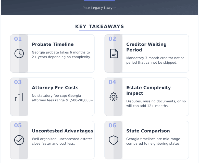Infographic: Georgia Probate: How Long It Really Takes and What It Actually Costs - Key concepts and takeaways