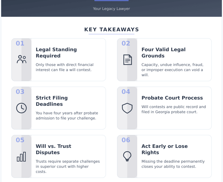 Infographic: The Truth About Contesting a Will That Most Families Learn Too Late - Key concepts and takeaways